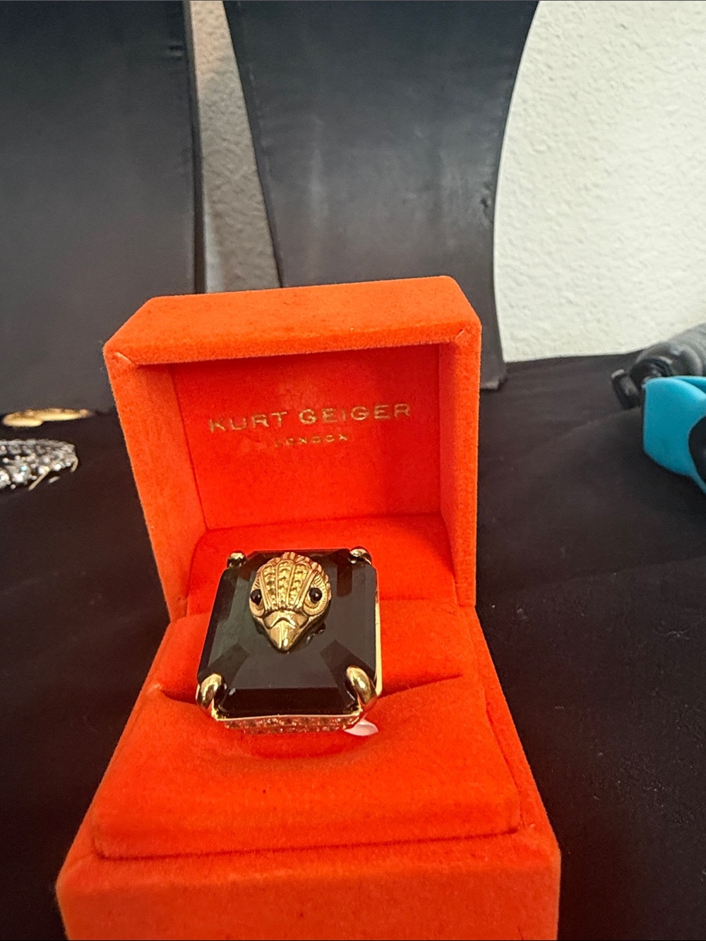 Kurt Geiger Gold-Tone Ring with Black Faceted Stone